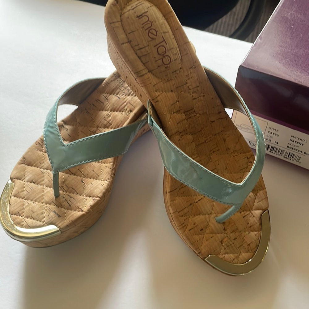 Mint Green Patent Cork Wedge Flip Flop Sandals with Gold Toe Accent